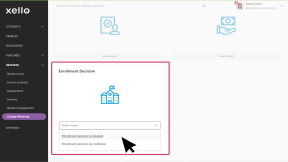 College Planning page in Xello. In the Enrollment Decisions tile, the cursor is selecting "Enrollment decisions by student"